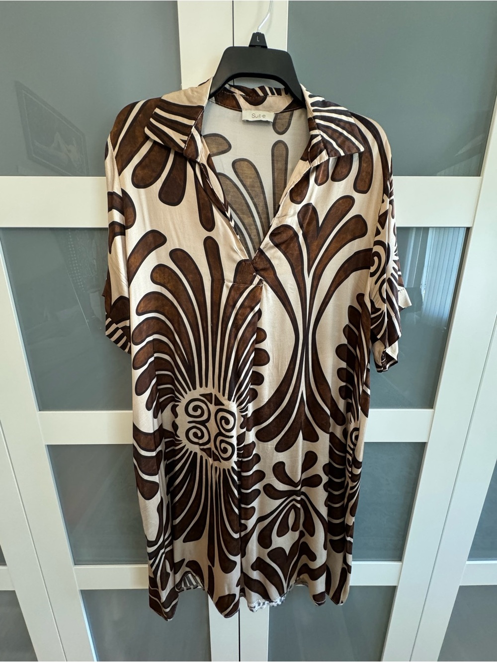 Silky Abstract Brown & Cream V-Neck Tunic